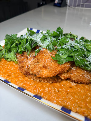 Pastina alla Vodka with Chicken Cutlet, Parsley-Basil Salad & Parmigiano
